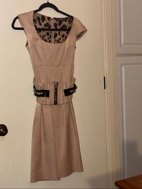 Dolce & Gabbana Beige Leather Midi Dress with Leopard Lining